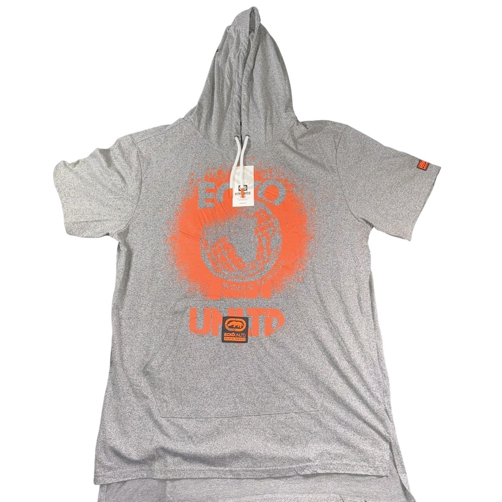 Ecko Unltd Shirt Mens XL Gray Marled Hooded World Famous Graphic Tee Streetwear